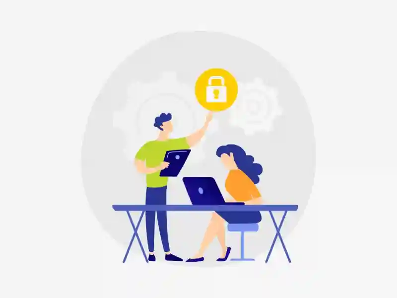 Illustration of two coworkers at a desk with lock icon.