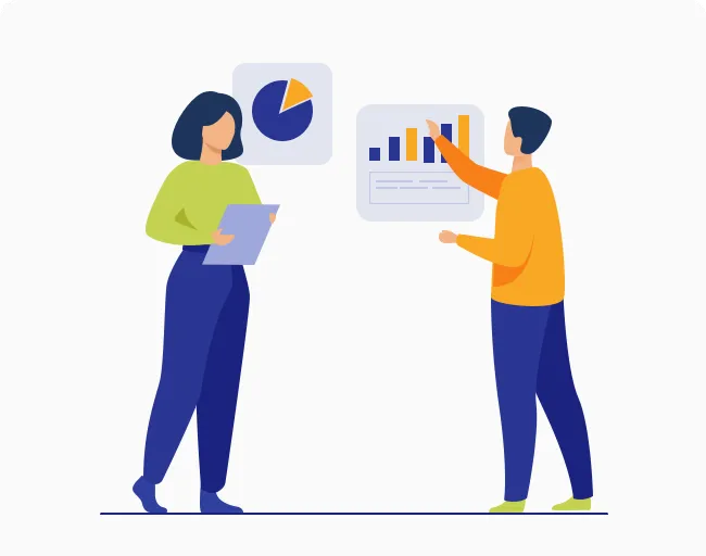 Graphic of coworkers reviewing charts.