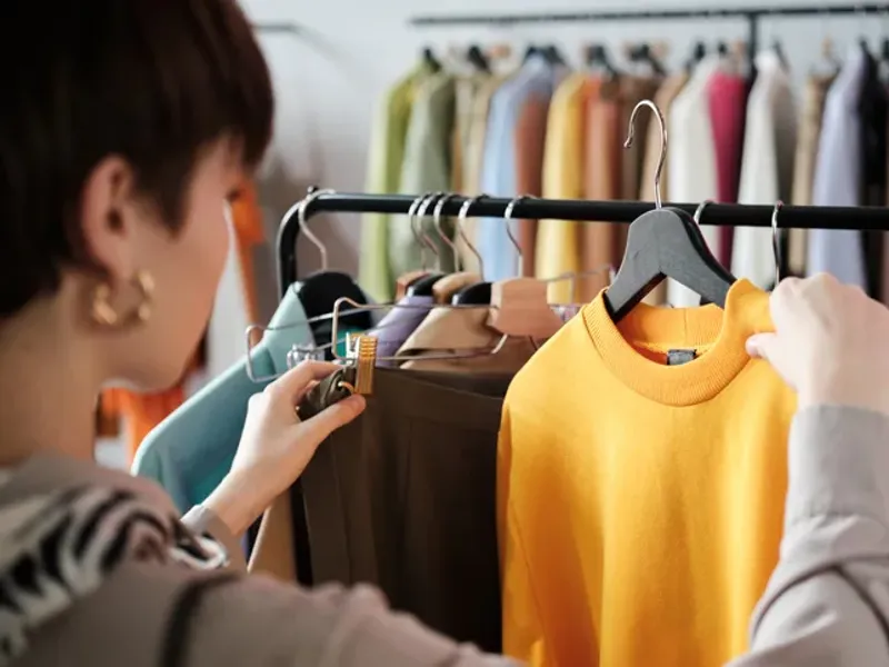 Young person looking at a yellow sweater in a clothing shop.
