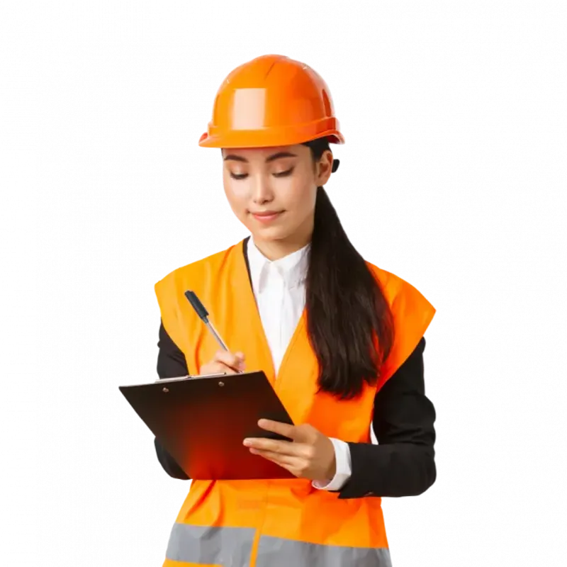 Woman wearing orange PPE holding a clipbaord.
