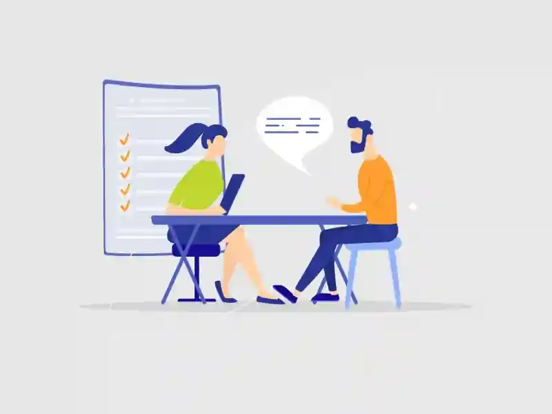 Illustration of two business people talking at a desk