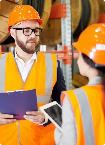 Man and woman in PPE talking.