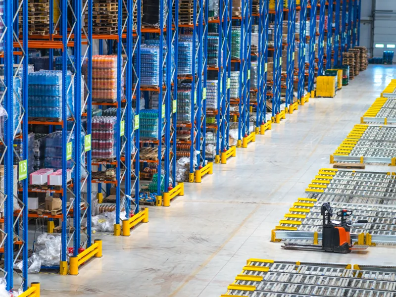 Warehouse filled with pallets of items.