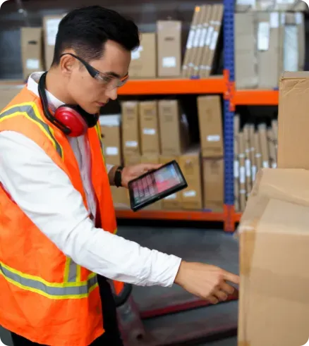 Man in an orange vest taking inventory in a warehouse.