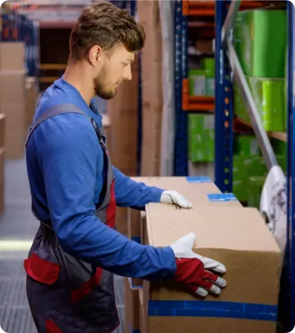 Man in a warehouse holding a box.