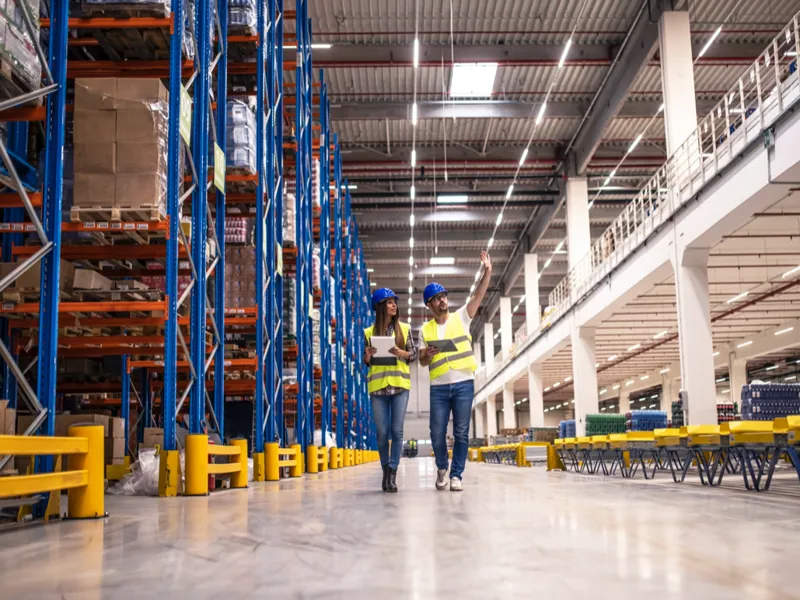 Two factory workers, wearing safety vests and hats, walking through a factory.
