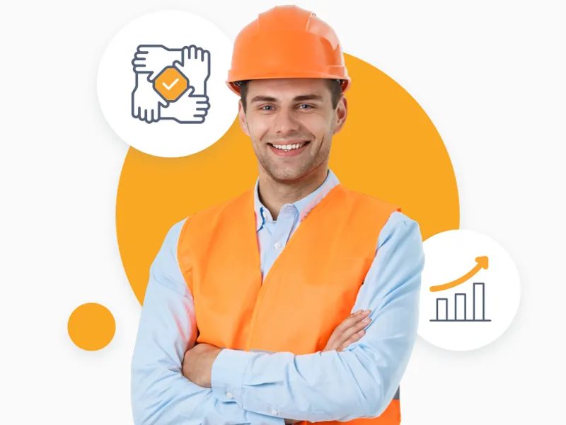 Man wearing orange construction vest and hat.