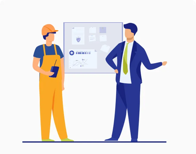 Graphic of a man in a suit talking to a man in coveralls.