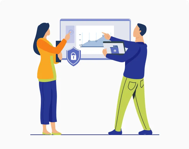 Graphic of coworkers reviewing charts.