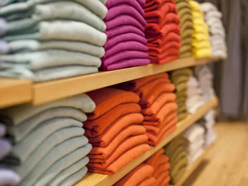Rows of folded sweaters in various colors.